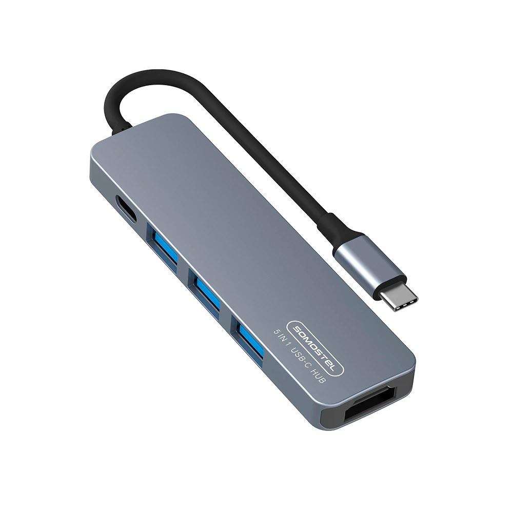 Adaptador Mini HUB 5en1 Type-C a 2USB+TypeC+MicroSD+SD+HDMI